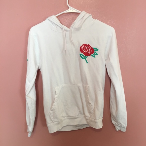 white hoodie with red roses